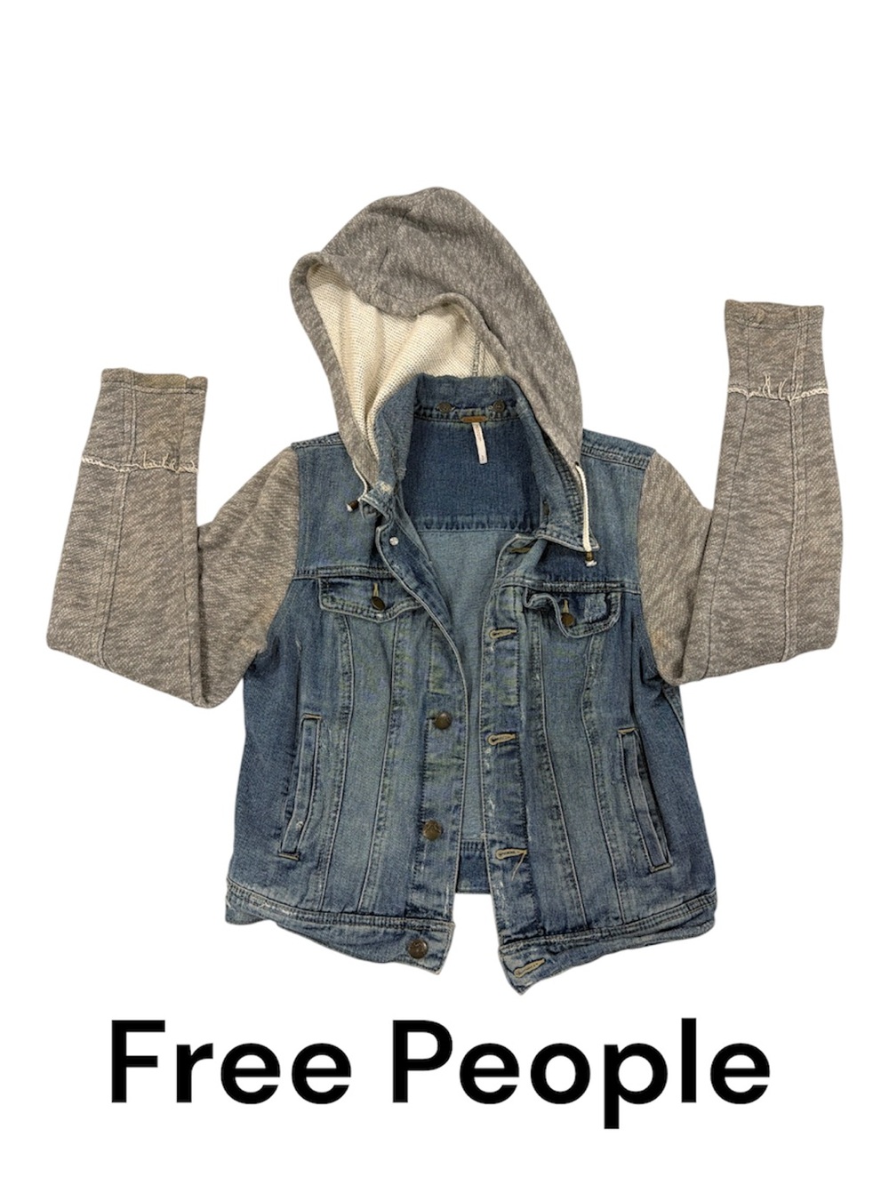 Free People Blue Denim Jacket with Gray Knit Hood & Sleeves
